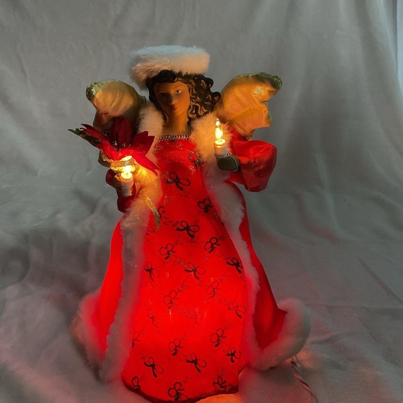 Christmas Dark Skin Angel Tree Topper RED GOLD WINGS LIGHTED African American - Picture 3 of 11